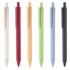 A set of six eco-friendly pens in white, red, beige, green, blue, and black, featuring various colours and a logo.