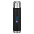 A drink bottle in black with a stainless steel top and a logo. It is designed for keeping beverages hot or cold.