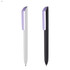 A set of Flow F2 P-GOM plastic pens in white and black with a purple accent and a logo on each pen.
