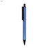 A blue metal pen with a black clip and a pointed tip, featuring a logo.