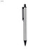 A silver metal pen with a click mechanism and a black tip. It features a simple design and a clip on the side.