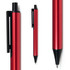 A red metal pen with a black clip and tip, showcasing a sleek design from multiple angles.