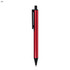A red metal pen with a black clip and tip, designed for smooth writing. Features branding on the side.