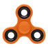An orange fidget spinner with black bearing caps, featuring a central circular hub and three smooth arms.