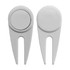 A white plastic golf divot repairer featuring a two-pronged design and a round top. It includes a logo.