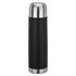 A drink bottle featuring a sleek black exterior and a silver stainless steel top. It includes a logo.