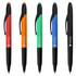 A set of five stylus pens in red, orange, green, blue, and black, featuring a branding logo.