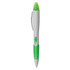 A pen highlighter with a green top and grip, featuring a grey body and a logo on its side.