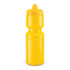 A drink bottle in bright yellow with a squeeze top and a prominent logo.