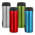 Four travel mugs in stainless steel, red, green, and blue, each featuring a black lid and a logo.