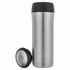 A stainless steel travel mug with a black lid, featuring a sleek design and an attached base.