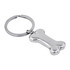 A silver bone-shaped keychain with a circular metal ring. Designed as a pet accessory.