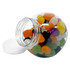 A clear jar filled with colourful jelly beans in various shades, including orange, green, purple, and white.