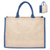 A jute bag featuring a natural beige colour with navy blue handles, and a logo positioned on one side.