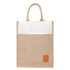 A tan jute bag with a white top section and a leather patch, featuring two handles for easy carrying.