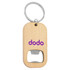 A drink bottle opener keyring in natural wood with a metal opener and a logo in purple.