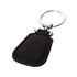 A black leather key ring with a circular metal attachment and a simple design. It has a branding logo.