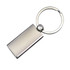 A silver satin key ring with a rectangular tag and a circular attachment. Features a shiny surface.