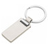A silver key ring featuring a rectangular pendant with a polished finish and a circular attachment.