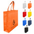 An orange laminated non-woven tote bag with a large gusset and two handles, featuring a logo on the side.