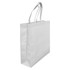 A large, gusseted tote bag in white, featuring dual handles and a logo on the side.