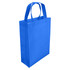 A blue laminated non-woven trade show bag with two sturdy handles and a flat base. Features a logo.