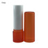 An orange lip balm stick with a clear plastic cap and a white balm core. It features a logo on the container.