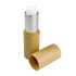 A bamboo lip balm stick featuring a silver top and a natural bamboo casing. The lid is removed, revealing the balm.