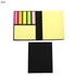 A black sticky note pad featuring yellow, pink, green, and orange notes in a removable cover.