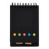 A black sticky note pad with a spiral binding, featuring colourful sticky dots and a pen.