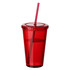 A drink tumbler in bright red featuring a straw and a secure lid, designed for cold beverages.