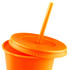 An orange drink mug with a lid and a straw, made from plastic. It features a simple design.