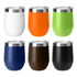 A collection of six travel mugs in white, orange, green, navy, brown, and black, featuring stainless steel lids and a logo.