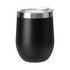 A black travel mug with a stainless steel lid, featuring a sleek, modern design and a logo.