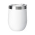 A white travel mug with a silver lid, featuring a sleek design and a logo on its surface.