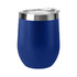 A drink bottle in a deep blue colour, featuring a stainless-steel lid and a sleek design. It has a logo on the surface.
