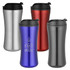 A collection of travel mugs in silver, blue, red, and black, each with a lid and one featuring a logo.