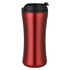 A travel mug in a glossy red finish with a black lid and built-in drinking spout. It features a logo on the front.