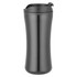 A travel mug in sleek black, featuring a curved design and a lid with a logo. Perfect for on-the-go beverages.