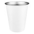 A drink bottle featuring a white exterior with a silver rim, designed for beverage use. It has a logo on it.