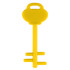 A yellow key-shaped mobile phone stand with a handle and a sturdy base. It features a logo.