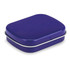 A rectangular mint tin in a deep purple colour with a hinged lid and silver trim, featuring a logo.