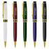 A collection of five metal pens in white, burgundy, green, purple, and black, featuring gold accents and a logo.
