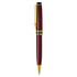A metal pen in a deep red finish with gold accents and a clip, featuring a logo.