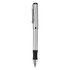 A silver metal pen with a black grip and clip, featuring a branding logo.