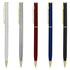 A collection of metal pens in white, silver, burgundy, blue, and black, each with gold accents and a branding logo.