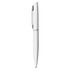 A white metal pen with a sleek design and a silver clip, featuring a logo on the barrel.