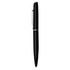 A sleek black metal pen with a silver accent and clip, showcasing a polished design. Features a logo on the barrel.