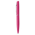 A pink metal pen with a sleek design and a clip, featuring a branding logo on the body.