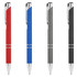 A collection of metal pens in red, blue, grey, and black, each featuring a clip and a logo.